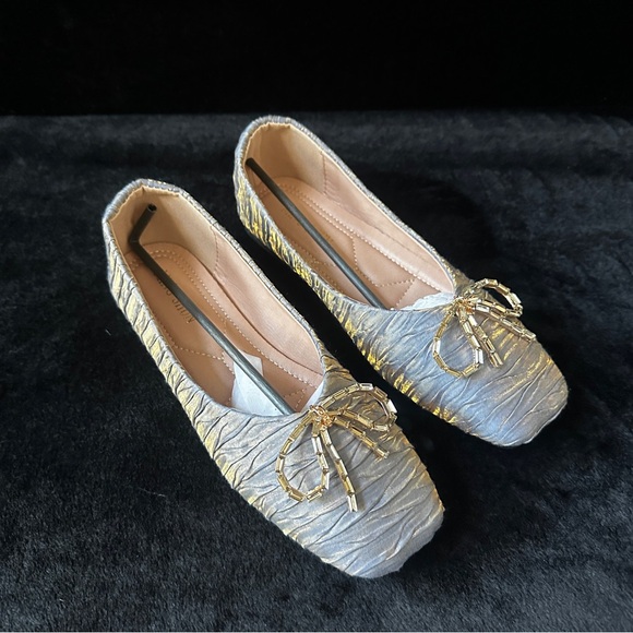 Silver & Gold Bow Square Toe Flats - Picture 1 of 8